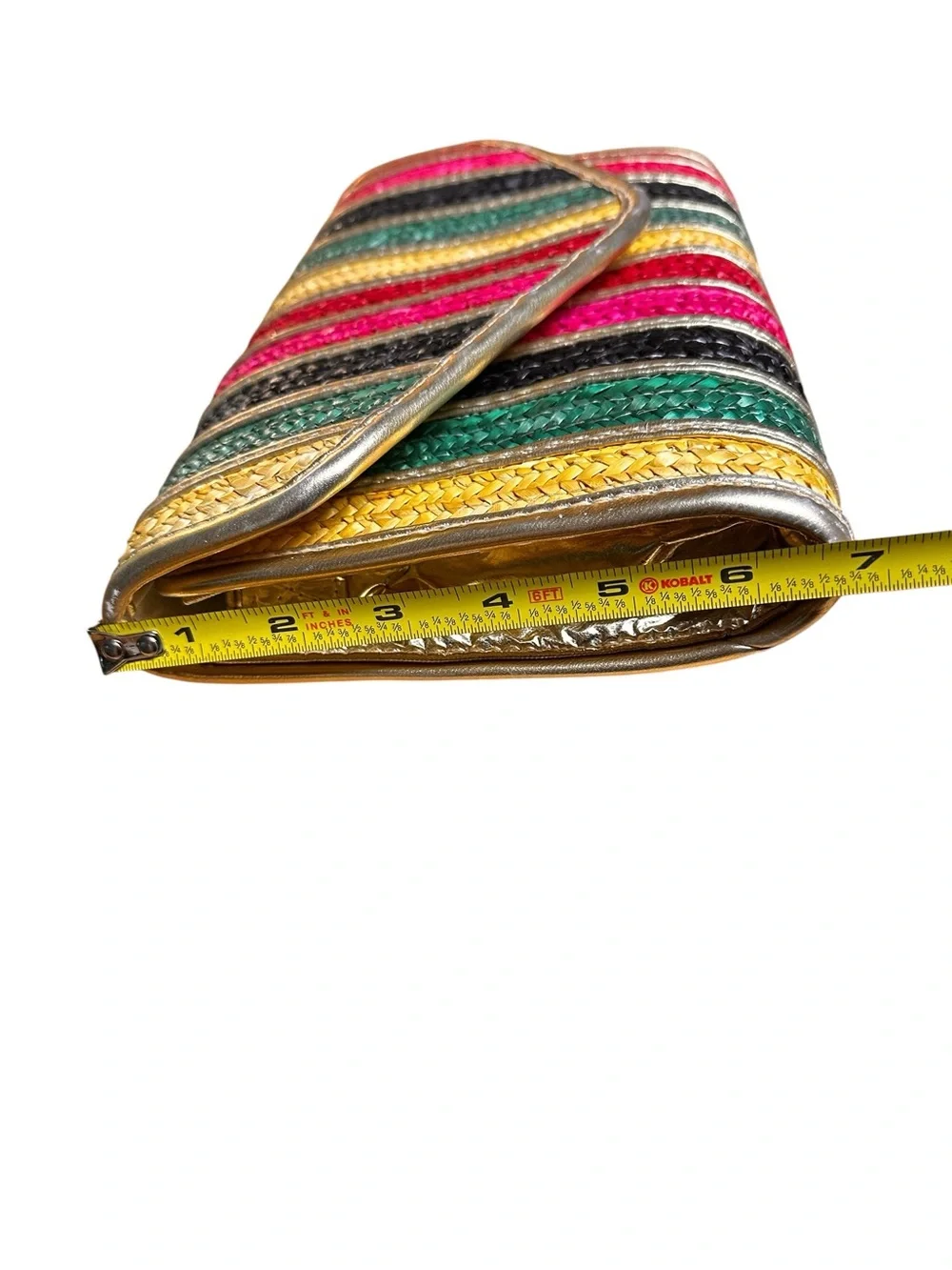 Vintage Rainbow &  Gold Woven Raffia Straw Envelope Clutch Resort